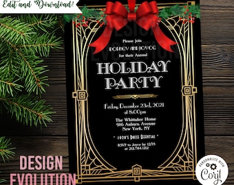 TRY DEMO FIRST - Art Deco Gatsby Holiday Party Winter Party Christmas Party Office Party Metallic Gold Red Bow Mistletoe Invitation