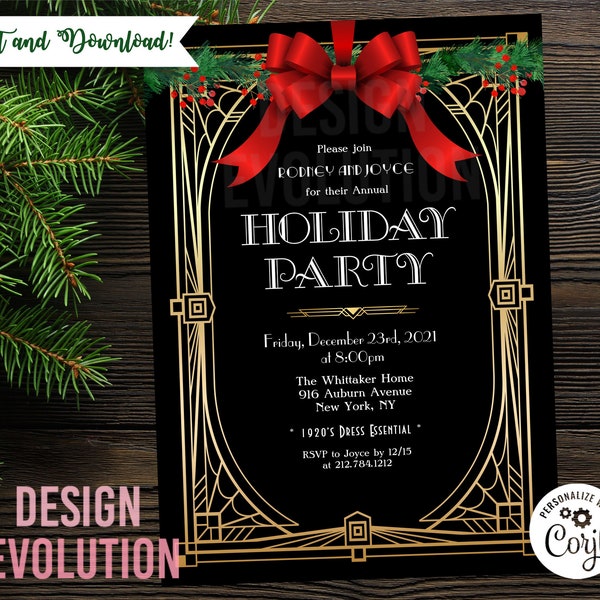 TRY DEMO FIRST - Art Deco Gatsby Holiday Party Winter Party Christmas Party Office Party Metallic Gold Red Bow Mistletoe Invitation