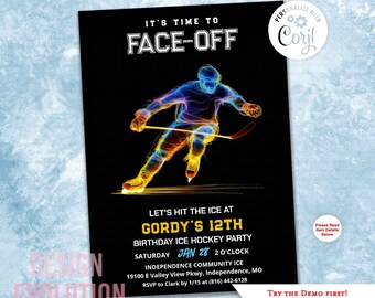 Neon Ice Hockey Birthday Invitation: Teen Boy Sports Party (Digital)