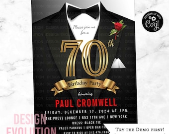 70th Birthday Invitation: Black Tuxedo, Gold Bow Tie (Digital Download)