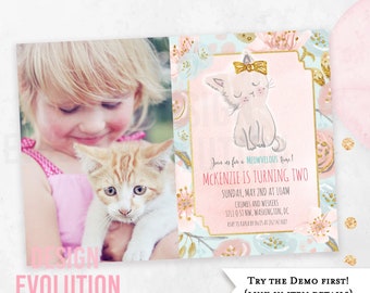 Pink Kitten Birthday Invitation - Girl's First Birthday, Glitter Meow (Digital Download)