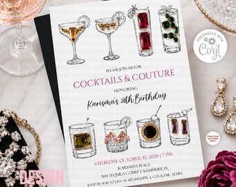 Cocktails & Couture Birthday Invitation Template | Luxury Stylish Fashion Cocktail Party Invite (Digital Download)