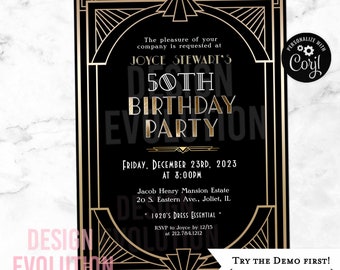 TRY DEMO FIRST - Art Deco Great Gatsby Harlem Nights Cotton Club Jazz Age 1920s Roaring 20's Speakeasy Black and Gold Birthday Invitation