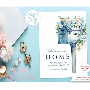 TRY DEMO FIRST - Mailbox New Home Blue Foral Moving Announcement We've Moved Housewarming Baby Shower by Mail Card