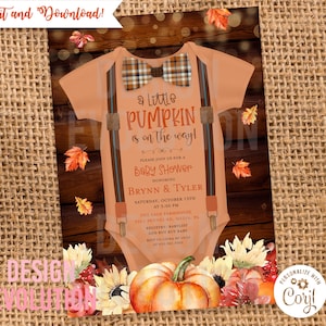 TRY DEMO FIRST - Little Pumpkin Fall Autumn Boy Onesie Romper Baby Shower Invitation
