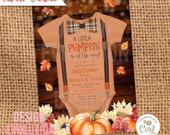 TRY DEMO FIRST - Little Pumpkin Fall Autumn Boy Onesie Romper Baby Shower Invitation