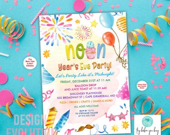 May include: A colourful New Year's Eve party invitation featuring a cartoon cupcake and fireworks. The invitation reads "noon Year's Eve Party! Let's Party Like it's Midnight!" and provides details about the event, including the date, time, location, and RSVP information.