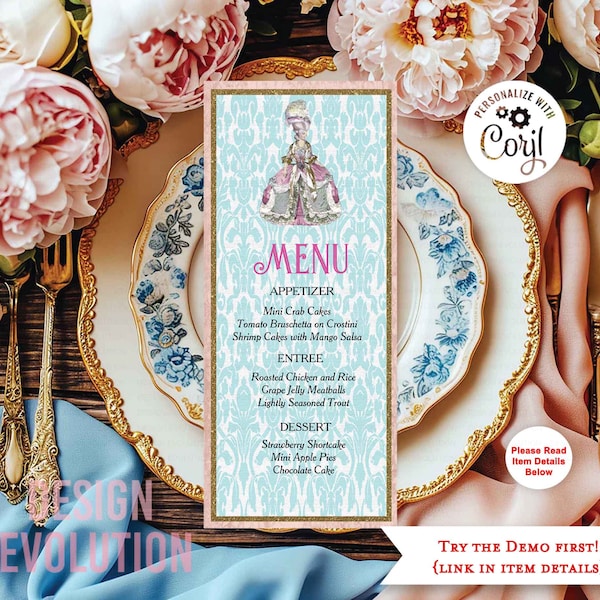 TRY DEMO FIRST -  Size 4 x 9.25 Menu Marie Antoinette Place Setting Parisian French Victorian Themed Menu Card