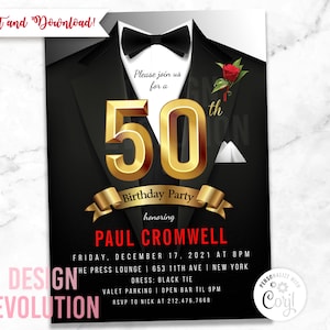 Może przedstawiać: Czarno-złote zaproszenie na przyjęcie urodzinowe z grafiką smokingu i tekstem "Proszę dołączyć do nas na przyjęcie urodzinowe z okazji 50. urodzin Paula Cromwella". Zaproszenie zawiera datę, godzinę, miejsce, dress code i informacje RSVP.