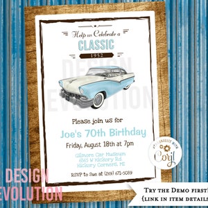 TRY DEMO FIRST - Classic Car Retro Vintage Muscle Car Automobile 1950s 1955 Chevy Bel Air Garage Rustic Birthday Invitation