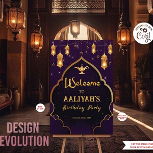 TRY DEMO FIRST - Size 24 x 36 Arabian Nights Arabic Moroccan Lanterns Middle Eastern Aladdin Birthday Wedding Bridal Shower Welcome Sign
