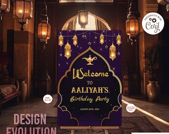 May include: A purple and gold welcome sign with a genie lamp and stars. The sign says "Welcome to Aaliyah's Birthday Party" and "August 26th, 2024".