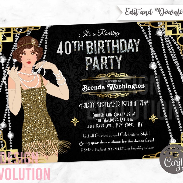 TRY DEMO FIRST - Great Gatsby Flapper Girl Cotton Club Jazz Age 1920s Roaring 20's Speakeasy Birthday Invitation