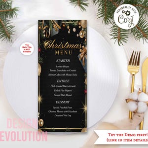 TRY DEMO FIRST -  Size: 4 x 9.25 Christmas Menu Black and Gold Place Setting Elegant Holiday Dinner Menu