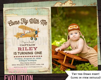 Vintage Airplane Birthday Invitation: Pilot Aviator Theme (Digital Download)