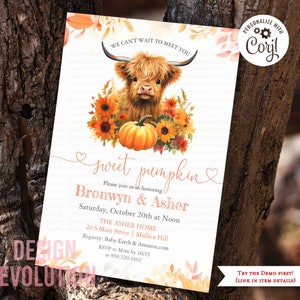 TRY DEMO FIRST -  Baby Calf Baby Cow Cattle Watercolor Pumpkin Rustic Fall Autumn Gender Neutral Baby Shower Couples Shower Invitation