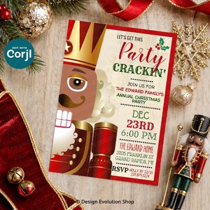 May include: A rectangular Christmas party invitation card featuring a large nutcracker illustration on the left and text on the right that reads: LET'S GET THIS Party CRACKIN' JOIN US FOR THE EDWARD FAMILY'S ANNUAL CHRISTMAS PARTY DEC 23RD 6:00 PM THE EDWARD HOME 3705 FRANKLIN ST GRAND RAPIDS, MI RSVP HOLLY BY 12/15 219.879.5124.