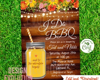 I Do BBQ Shower Invitation: Mason Jar, Floral Lights (Digital Download)