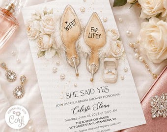 Wifey for Lifey High Heel Shoe Themed Pearl Floral Bridal Shower Invitation (Digital Download)