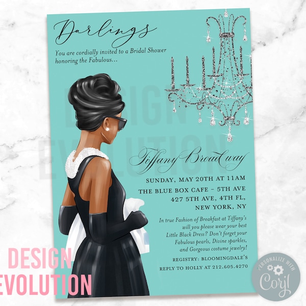 TRY DEMO FIRST - African American Breakfast at Little Black Dress Theme Bride and Co Bridal Shower Bachelorette Chandelier Bridal Invitation