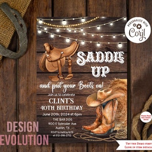 TRY DEMO FIRST - Saddle Up Cowboy Boots Cowboy Hat Horse Saddle Hay String Lights 30th 40th 50th 60th Birthday Wild West Rodeo Invitation