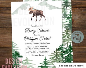 Moose Baby Shower Invitation: Watercolor Forest, Rustic Woodland (Digital Download)