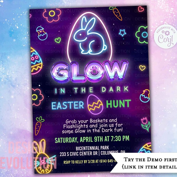 TRY DEMO FIRST - Easter Egg Hunt Neon Glow in the Dark Bunny Easter Eggs Easter Games Egg Hunt Invitation