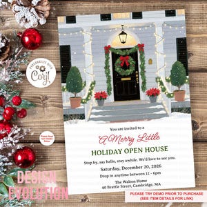 以下が含まれることがあります： クリスマスのオープンハウスの招待状。休日のために装飾された家の詳細なイラストが特徴です。招待状には日付、時間、住所が含まれています。家にはドアにリースとガーランドがあります。