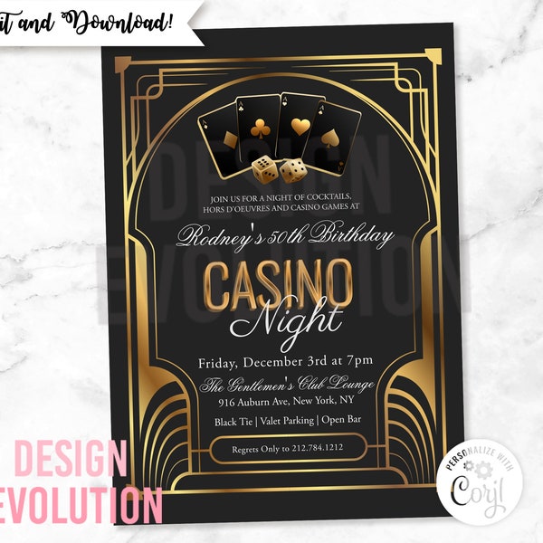 TRY THE DEMO - Las Vegas Casino Royale Poker Night Playing Cards Dice Deco Style Invitation