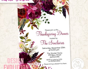 TRY DEMO FIRST - Friendsgiving Thanksgiving Burgundy Floral Watercolor Holiday Invitation