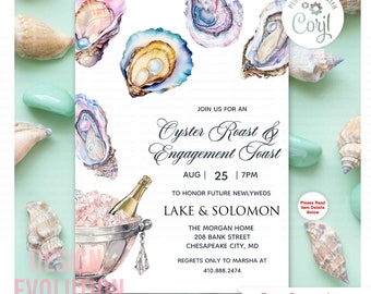 May include: An invitation to an oyster roast and engagement toast for Lake and Solomon. The event will be held at The Morgan Home, 208 Bank Street, Chesapeake City, MD on 25th August at 7 PM. The invitation features a watercolour illustration of oysters and a champagne bucket with ice and a bottle of champagne.
