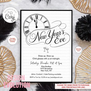 May include: Black and white New Year's Eve invitation with a clock graphic. The invitation includes the text "New Year's Eve", event details, and RSVP information. The design is elegant and suitable for a formal event.