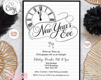 New Year's Eve Black and White Clock Modern Cocktail Party Invitation (Digital Download)