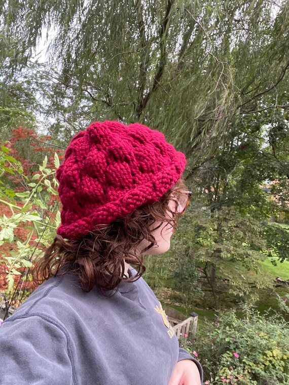 Hand-Knit Adult Raspberry Bell Hat