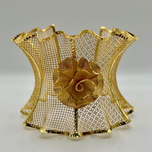 Gold Floral Mesh Cuff Bracelet – 22K Gold Plated Wide Bangle – Handmade Turkish Jewelry – 3D Rose Statement Bracelet – Gift for Her