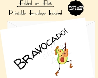 Bravocado Congratulations Card, Celebration Card or New Job Card Perfect for a Job Well Done. A Funny Food Pun Card, Printable Avocado Card.