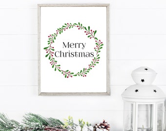 Frohe Weihnachten Kranz Druck. Bezaubernde Weihnachtswandkunst, Wohndekor für die Feiertage oder ein schönes Geschenk. Sofort Download. Drucke noch heute!