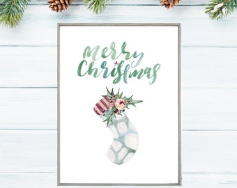 Merry Christmas Watercolor Stocking Printable. Adorable Christmas Wall Art, Home Decor for the Holidays. Instant Download - Print it today!