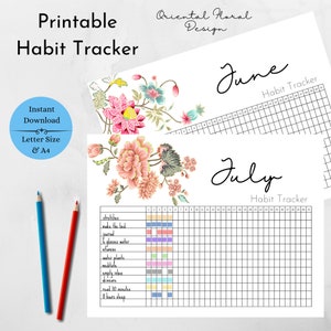 Habit Tracker Printable, Beautiful Oriental Design Monthly Habit Tracker Calendar, Goal Log and Planner Insert, Letter/A4 Size PDF.