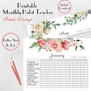 Rastreador de hábitos mensal para impressão, lindo design floral Calendário mensal do rastreador de hábitos, registro de metas e inserção de planejador, PDF tamanho carta/A4.