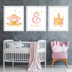 Personalized Princess Prints with Princess Carriage and Princess Castle in Pink & Gold . Princess Bedroom Decor, Princess Nursery Wall Art.