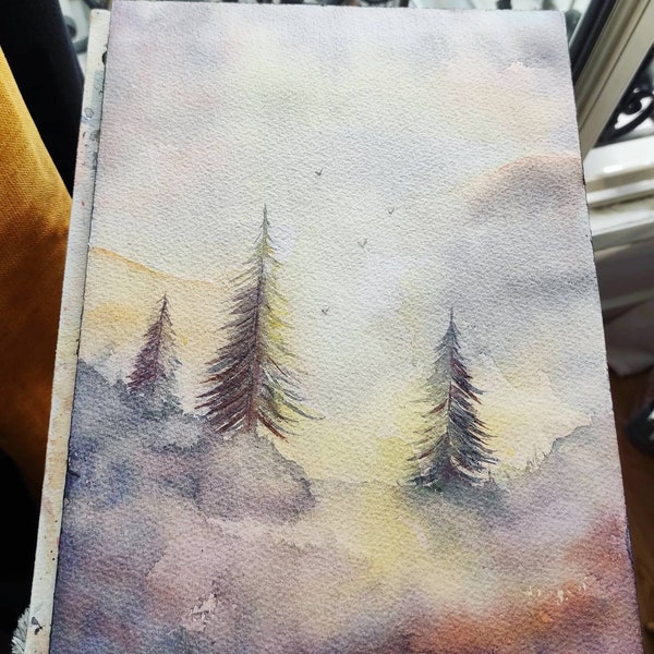 Aquarelle originale ! Paysage de montagne sous le soleil