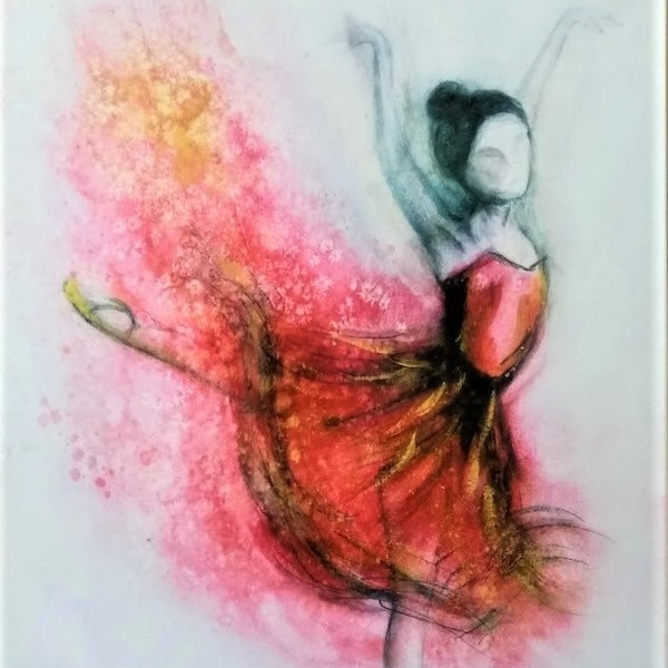 Danseuse abstraite à l'aquarelle - Peinture originale d'une ballerine rose et doré (poster A4)