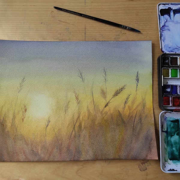 Soleil dans les champs - aquarelle originale