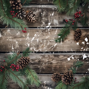 May include: A rustic Christmas-themed arrangement featuring pine cones, evergreen branches, and red berries against a weathered wooden background. The composition evokes a sense of natural holiday decor, perfect for seasonal crafts or festive displays.