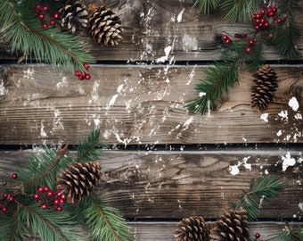 10 Rustic Christmas digital scrapbook paper background weathered wood textures, pine cones, pine needles, and holly, commercial use