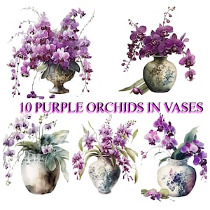 Vase Of Orchids Watercolor, Vase Of Orchids JPG, Orchids Clipart, Orchids Transparent PNG, Scrapbook, Junk Journal, Scrapbooking, 10 images