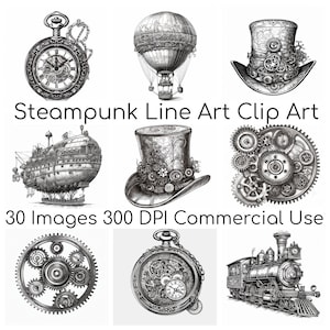 Steampunk Line Art Greyscale Monochrome Clipart, Vintage Victorian Clipart PNG, Paper craft - Junk Journal, Scrapbooking  Commercial Use