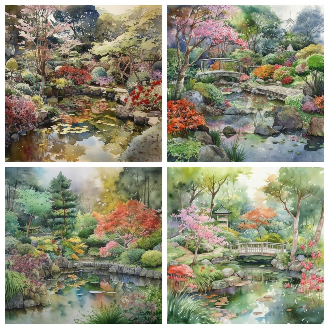 Watercolor Japanese Garden Digital Paper Pack Japanese Garden Scrapbook ...