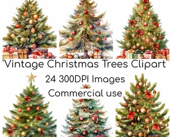 May include: Set of six vintage watercolor illustrations of Christmas trees decorated with ornaments, ribbons, and presents. The trees are green with brown trunks and are set against a white background. The text "Vintage Christmas Trees Clipart 24 300DPI Images Commercial use" is at the bottom of the image.